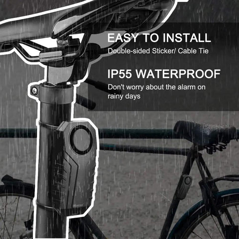 Close-up of 2 Pack 113dB Wireless Bike Alarm System With Remote For Motorcycle And Bicycle Anti Theft Motion Sensor IP55 waterproof feature