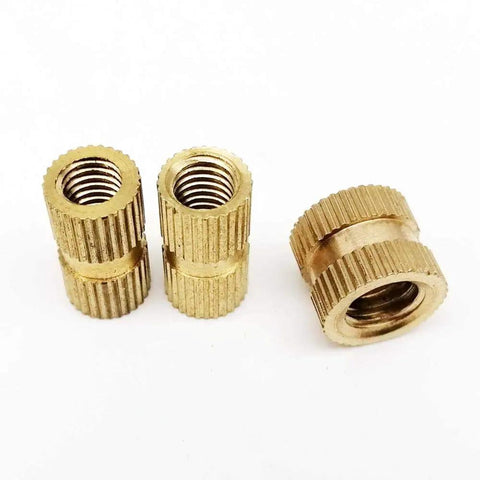 Premium Solid Brass Metric Thread Inserts in M2 to M8 sizes, showing durable brass construction for wood and plastic projects.