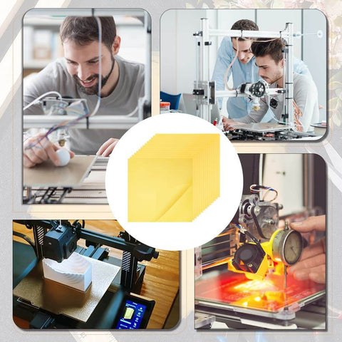 Collage of 3D printer uses with 15 Sheets High Temperature Polyimide Film Sticker Set 6.3 X 6.3 Inches 0.05 mm Thick Kapton Tape Gold