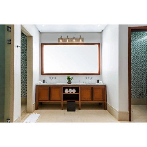 Winchester 4-Light Wall Sconce In Bronze And Aged Wood Finish model 60-6430 above bathroom vanity, industrial style lighting