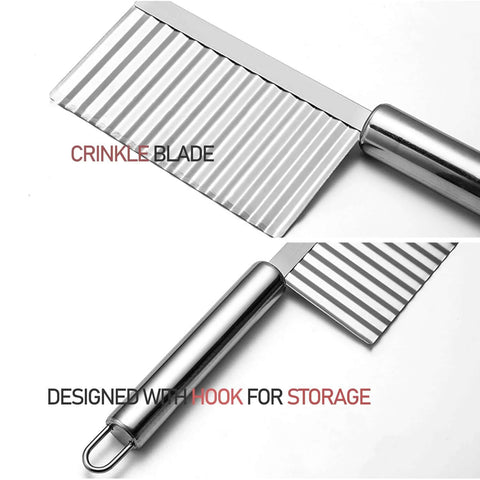 Front and side views of stainless steel crinkle-blade kitchen knife with storage hook.