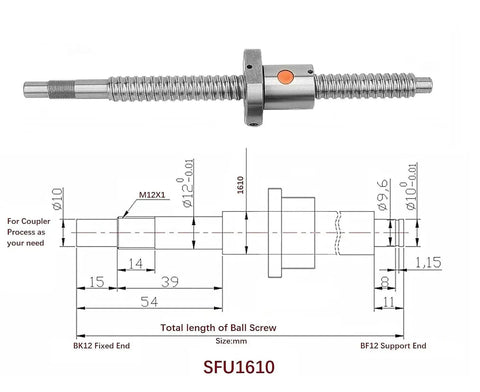 16mm SFU1610 Anti Backlash Ballscrew Kit with 2000mm Length 10mm Lead Nut BK12 BF12 schematic and dimensions