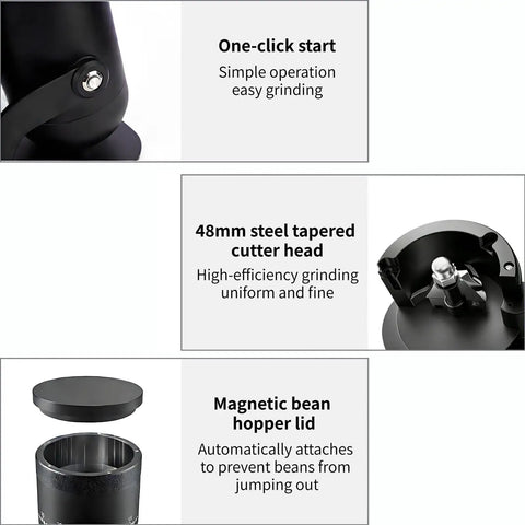 Heavy Duty Electric Burr Coffee Grinder With 48mm Stainless Steel Conical Burrs And 60 Step Settings, showing one-click start and tapered cutter head.