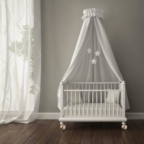 Flex Ride Caster Wheels With Secure Safety Brakes Whisper Soft Swivel Rubber Furniture Casters Lock Down Roll For Baby Bed Cart And Table Universal Fit Zero Hassle on a white crib with soft canopy.