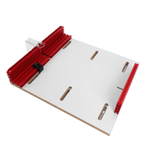 Crosscut Sled For Table Saw With Adjustable Aluminum Track And Composite Stopper Large Panel Capacity Woodworking Jig Router Sled Kit For Miter Slot Perfect For Accurate Repeated Cuts shown with red adjustable tracks and white base