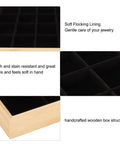 Close-up of Dope Black Wooden Jewelry Tray With 24 Soft Padded Slots For Rings Bracelets Bangles And Chains Scratch Resistant Storage Holder Box.