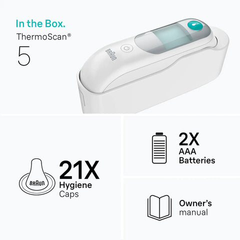 Digital Ear Thermometer With Easy Read Display For Kids And Adults, Fast Accurate Readings, Includes 2 AA Batteries, Protective Cap, And 21 Hygiene Caps For The Whole Family, Keeps Lens Clean For Reliable Temperature Readings. Box contents with thermometer, batteries, caps, and manual.
