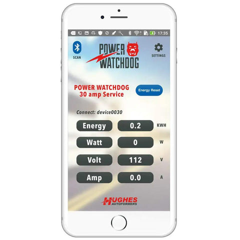 Smartphone displaying Bluetooth Enabled 30 Amp Surge Protector for RV and Coach app monitoring power metrics in real time.