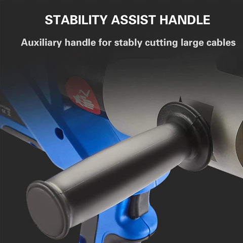 Close-up of the stability assist handle on Super Heavy Duty Rechargeable Battery Operated Hydraulic Cable Cutters With Auto Ratchet Feature.