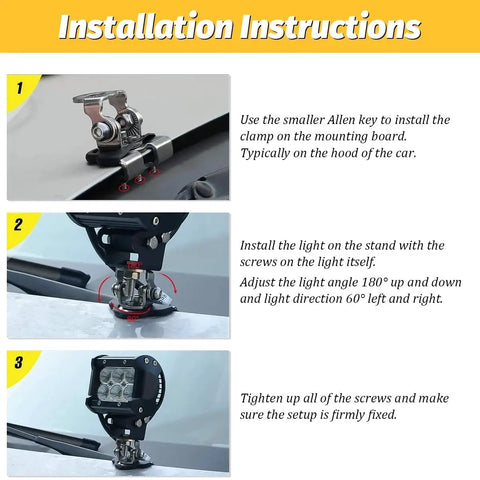 Installation steps for Universal Car LED Light Bar Mounting Bracket Kit For SUV RV Truck No Drill Hood Clamp Mounts Two Pack