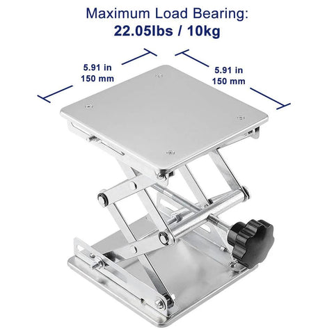 Lab scissors jack lift with 6x6 in stainless steel platform and adjustable screw height.