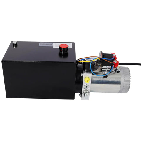 Heavy Duty 12V DC Hydraulic Power Unit With 8 Quart Steel Tank For Dump Trailer And Lift Gate side view showing motor and tank.