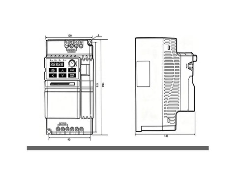 Beefy 5.5KW VFD Inverter 220V 380V Variable Frequency Drive For Industrial Motors High Frequency Motor Speed Controller With Smooth Startup Wide Compatibility With Standard Motors And Low Voltage Systems, dimensioned front and side view
