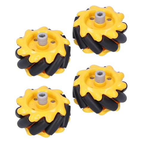 Mecanum robot wheel set, four yellow and black wheels with gray hubs