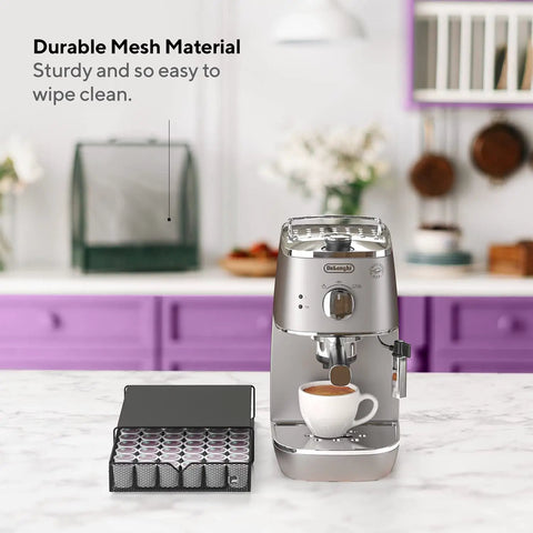Countertop Coffee Pod Holder With Sliding Drawer For Keurig K Cups Holds 36 Pods beside espresso machine on marble counter