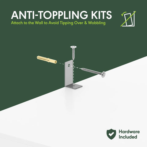 Anti-Tip Kit for secure wall attachment, includes screw and anchor for stability. Ideal for preventing tipping.