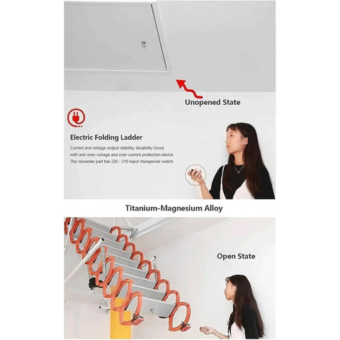 Heavy Duty Electric Telescopic Attic Stairs Pull Down Ladder With Smooth Remote Control And Silent Soundproof Door Rock Solid Frame Handles 1102 Lbs in both opened and unopened states.