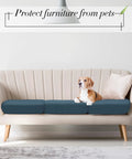 Beagle sits on a sofa with 12 Pack Waterproof Stretch Cushion Covers For Patio And Indoor Couches, Gray Blue slipcovers.