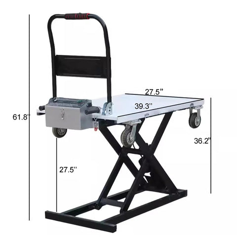 No Sweat Workhorse Electric Lift Table Cart With Automatic Hydraulic Pump And Tough 48 Volt Motor For Moving Up To 660 Pounds Smoothly Across Active Warehouse Floors Daily dimensions and handle.