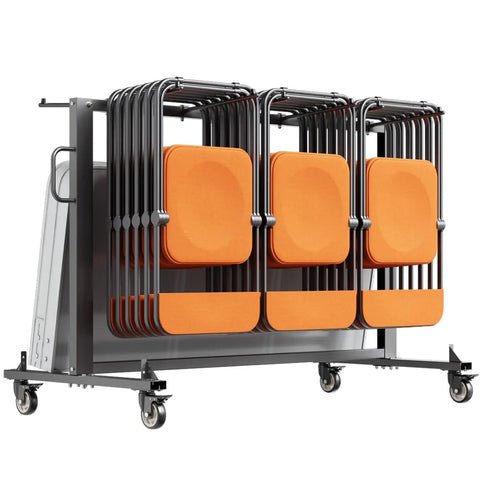 Heavy Duty Folding Chair Rack Cart For Event Spaces Haul 42 Chairs Or 12 Tables With 400 Lb Capacity Mobile Chair Storage Dolly Featuring Rubber Wheels And GrIPS Large Chair Holder Matte Black with orange chairs