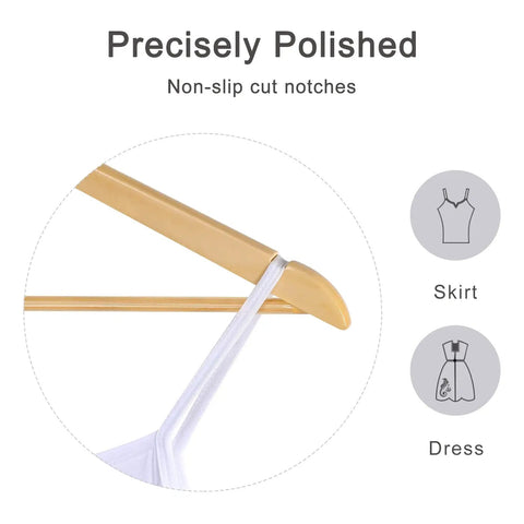 Premium Solid Birch Wood Clothes Hangers 30 Pack Featuring Smooth Ergonomic Shoulders with non-slip cut notches for secure hanging.