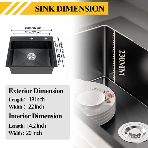 Black Stainless Steel Drop In All In One Kitchen Sink Kit With One Large Single Bowl 22 By 18 By 9 Inch dimensions and design