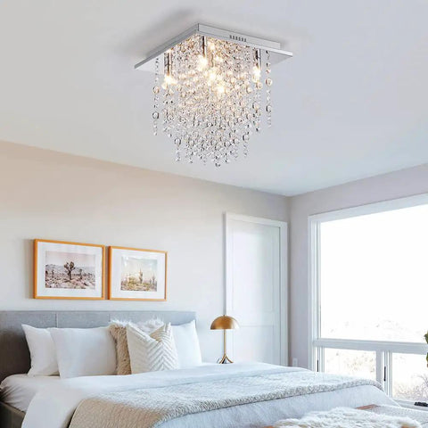 Bedroom with Five Light Modern Flush Mount Crystal Ceiling Light Fixture for Bedroom Dining Room Living Room Close to Ceiling Chandelier Style G9 Bulbs Not Included LED Compatible 12 Inch High 13 Inch Wide 13 Inch Long