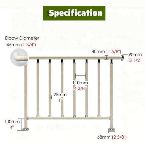 Specifications for No Drills No Drama Drill Free Balcony Guardrail with dimensions and alloy frame details.