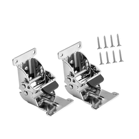 Smooth Operator Folding Table Leg Brackets Set Of 8 With Self Locking Pivots and Snappy 0 To 180 Degree Adjustments For Easy Peasy Setup And Bulletproof Camp Or Workshop Extension Support Silver in silver tone with assembly screws.