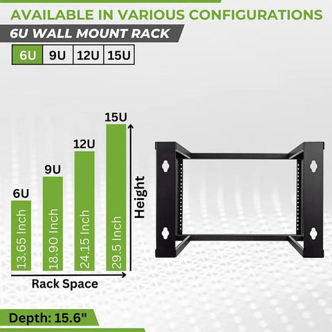 Built Tight 6U Wall Mount Rack Engineered For 19 Inch Server Hardware Open Frame Steel Rack Kicking Out Clean Airflow 16 Inch Deep showing height and depth specifications.
