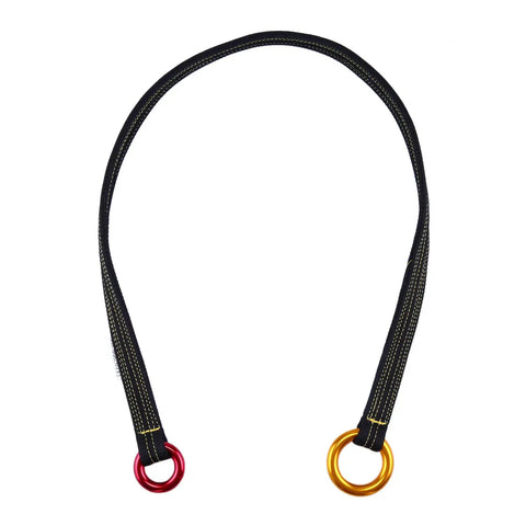 Pro Grade Arborist Friction Saver Tree Climbing Sling With Bomber Polyester Webbing And Lightweight Aluminum Carabiner, 110 cm, featuring red and gold rings.