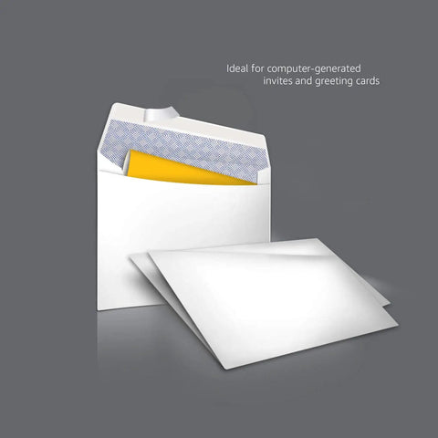 Hella Secure Size Six Self Seal Mailing Envelopes For Dropping Off Invoices And Confidential Bills No Sweat Peel Closure White Woven Paper 300 Pack Office Shipping Essentials with yellow card inside.