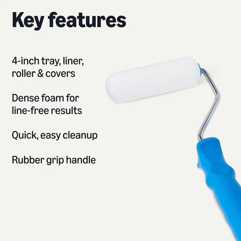 Premium Foam Paint Roller Kit With Four Inch Rollers And Full Eight Cover Set, featuring a 4-inch roller with rubber grip handle.