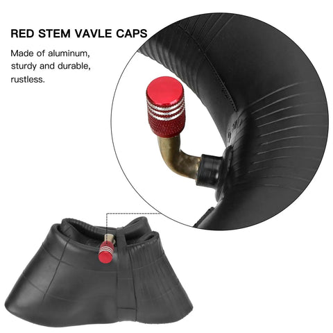 Close-up of 2 Pack 4.10/3.50-4 Tire Inner Tubes with Bent Valve Stem for Lawn Mowers featuring red valve cap.