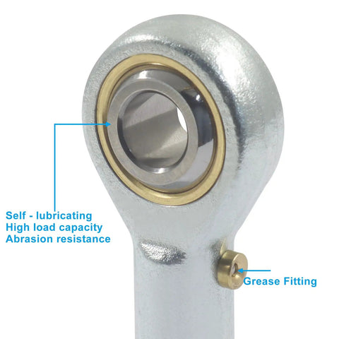 Two Pack 5/16 Inch Bore Rod End Bearing With 5/16-24 Right Hand Thread PHSB5 Self-Lubricating Ball Joint, Jam Nuts Included, Beefy Heavy Duty Linkage Upgrade For Machinery, Auto, And DIY Projects. Close-up of 5/16 bore steel rod end bearing with grease fitting
