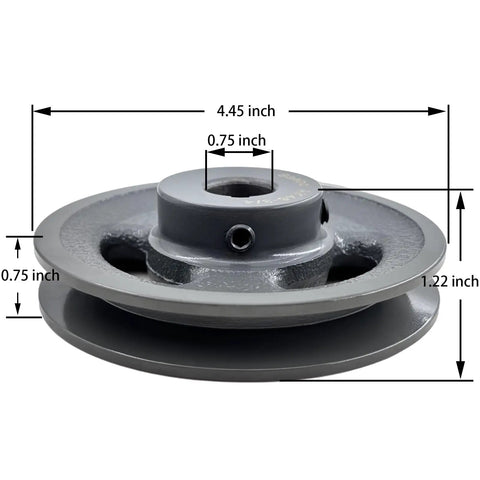 Three Quarter Inch Bore V Belt Pulley Cast Iron Motor Pulley 4.45 Inch Outside Diameter 1 Groove with dimensions labeled
