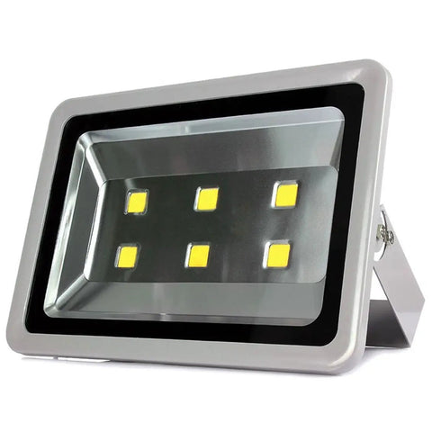 Hella Bright 300W LED Floodlights 10 Pack 3 Year Warranty Top Shelf Outdoor Spotlight Bulbs with silver housing and yellow diodes.