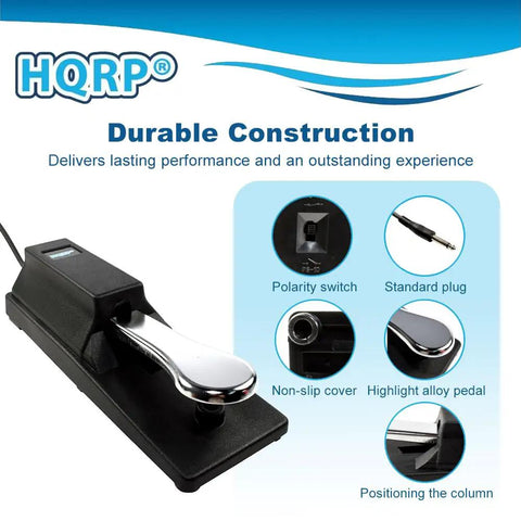 Image of Six And A Half Foot Universal Keyboard Sustain Pedal With One Quarter Inch Plug And Play And Polarity Switch, Compatible With Casio Digital Pianos MIDI Controllers Synths And Other Keyboards With Quarter Inch Inputs, highlighting features such as polarity switch and durable construction.