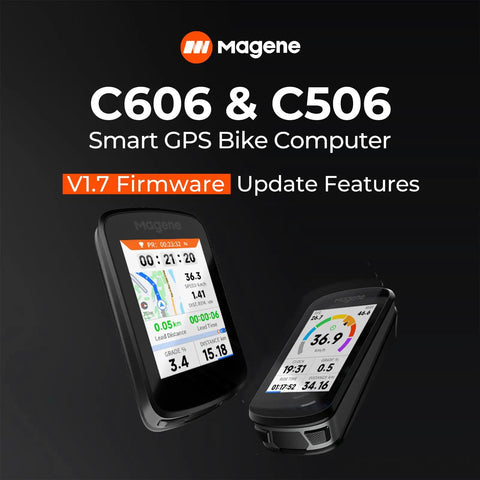 C506 GPS bike computer with 2.4-inch color touchscreen and smart navigation displaying firmware update features