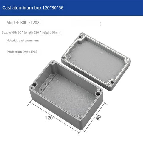 Two-piece cast aluminum junction box with lid, gray, 120×80×56 mm, IP65 outdoor enclosure.