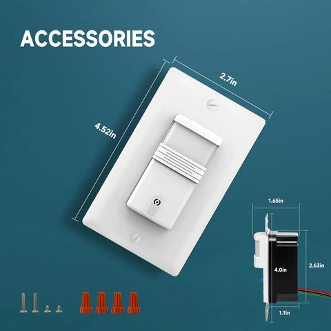 Diagram of Ten Pack Occupancy Motion Sensor Light Switch with accessories, dimensions, and neutral wire required for wall installation.