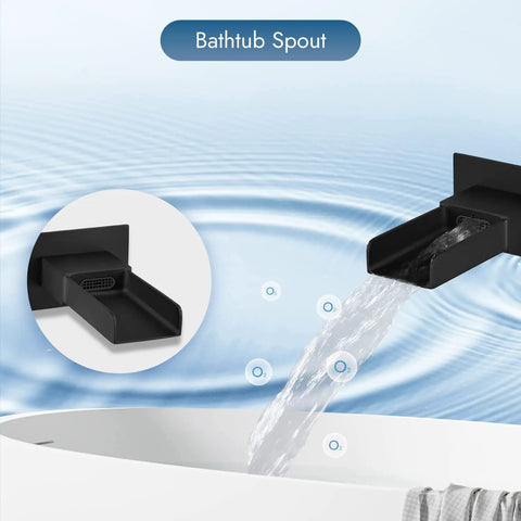 Close-up of waterfall tub spout from Dope Wall Mount 3-Function Shower System With Handheld Spray and 8-Inch Rainfall Shower Head, Matte Black