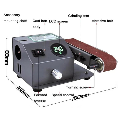 Solid Workhorse Bench Belt Sander And Electric Knife Sharpener With Variable Speed To 13000Rpm, showing LCD screen, grinding arm, and abrasive belt.