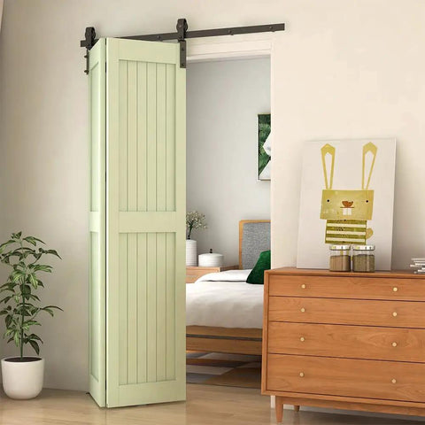 Bi Folding Sliding Barn Door Hardware Kit For Two Doors, space-saving design in modern home hallway with easy install on 40 inch track