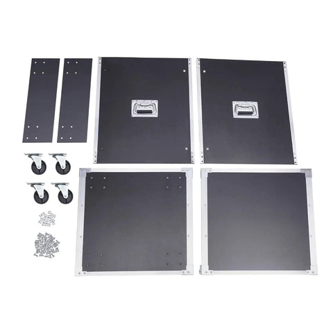 12U Heavy Duty Portable AV Rack With Smooth Operator Rolling Locking Casters And Badass Metal Cabinet parts and wheels laid out