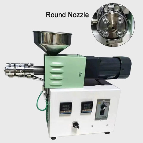 Knockout Desktop Extruder For Making 3D Filament with round nozzle, showing controls and heating mechanism.