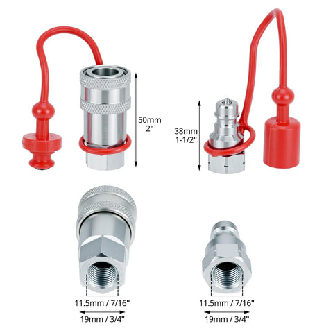 1/4 inch hydraulic quick connect set with dust caps, showing dimensions and red connectors for secure attachments in various industries.