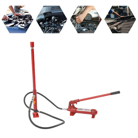 Heavy Duty 4 Ton Hydraulic Ram Auto Body Frame Repair Kit includes a hydraulic ram and hose for lifting in truck shop builds.