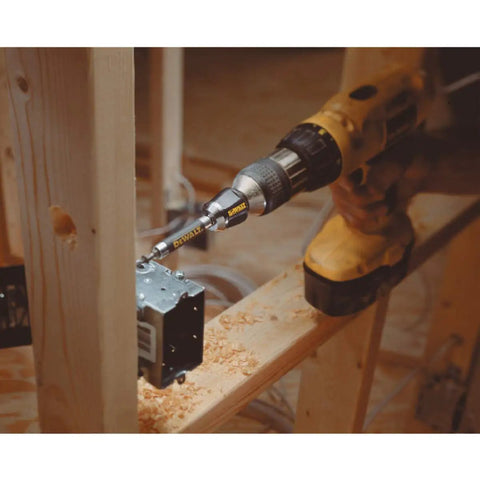 Magnetic Bit Holder With Self Retracting Guide Sleeve for easy screw driving, fits up to size 10 screws, used on wood frame.