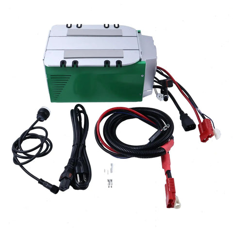 Kickstart Your Setup With This Heavy Duty 48V 30A Battery Charger Auto Cut Off X Led Display Replaces 128375GT 128375 showing green charger with cables.